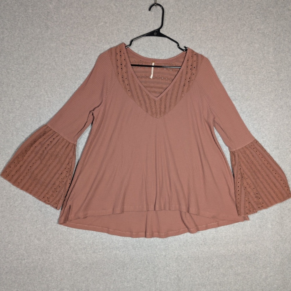 Free People Tunic Women Medium Mauve Eyelet Lace‎ Bell Sleeve Earthy Casual Boho
